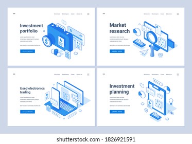 Set of blue and white vector illustrations of web banners advertising various electronic marketing tools for business development and promotion. 3D isometric web banners, landing page templates