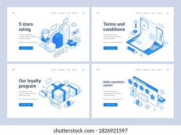 Set of blue and white vector illustrations of web banners representing various rating and loyalty systems for online store websites. 3D isometric web banners, landing page templates