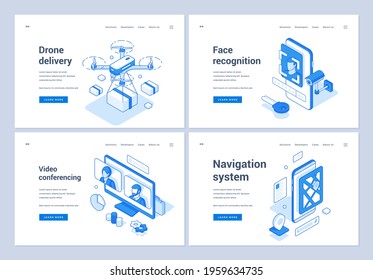 Set of blue and white vector illustrations of banners advertising various electronic services and applications for remote communication and logistic. 3D isometric web banners, landing page templates