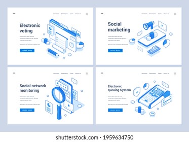 Set Of Blue And White Vector Illustrations Of Banners Advertising Various Online Electronic Services For Convenient Life In Modern World. 3D Isometric Web Banners, Landing Page Templates