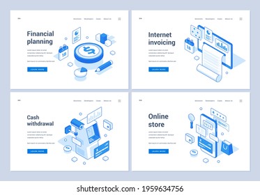 Set of blue and white vector illustrations of web banners advertising assorted electronic money and cash operations in modern world. 3D isometric web banners, landing page templates
