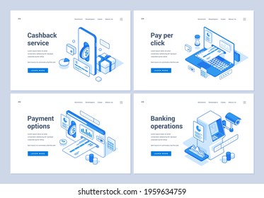 Set of blue and white vector illustrations of web banners representing various convenient online operations with money in modern world. 3D isometric web banners, landing page templates