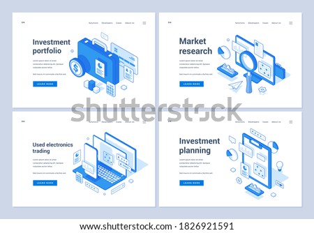 Set of blue and white vector illustrations of web banners advertising various electronic marketing tools for business development and promotion. 3D isometric web banners, landing page templates