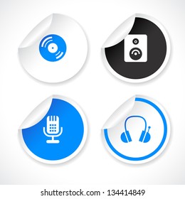 Set of blue and white vector stickers with icons.
