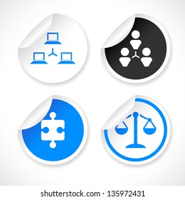 Set of blue and white vector stickers with icons.
