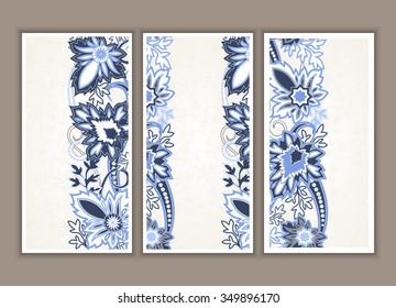 Set of blue and white wedding invitation. Card with traditional ethnic flower paisley ornament. Invitation, Save the date, RSVP, Thank you card printable template. Vector illustration
