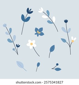 set of blue and white wild flowers branches, vector illustration
