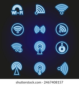 set of blue Wi-Fi wave signal signs isolated on dark background. Vector illustration.