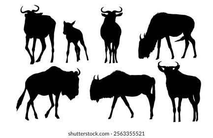 Set of blue wildebeest silhouettes. African herbivore Wildebeest gnu in different poses. Realistic vector animals