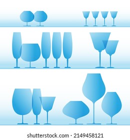 Juego de copas de vino azul.  Imágenes prediseñadas. Ilustración vectorial.