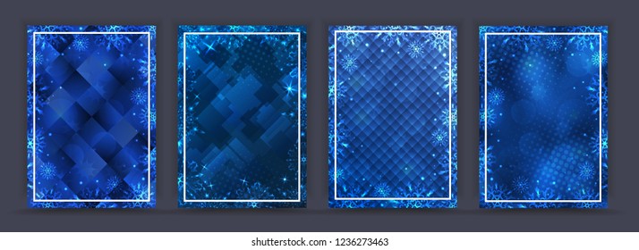 Set of blue winter backgrounds. Winter frame with snowflakes. Christmas Greeting Card. New Year background with space for your text. Winter template. Christmas backdrop. New Year flyer.