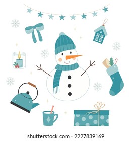 Set of blue winter elements with a snowman in knitted had and scarf, Christmas socks and present, blue ribbon bow, candle in a glass jar, hot chocolate beverage and a pot, decorated with star garland