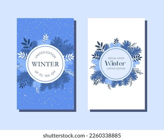 Set of blue Winter sale posters with round text label. 