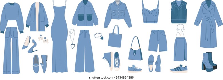 set of blue women's clothing in flat style on white background vector