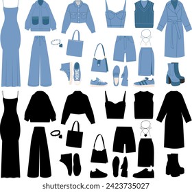 set of blue women's clothing on a white background vector