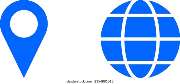 Set of Blue World Globe Earth Web Map and Location Pointer Pin or You Are Here Marker Sign Icon Set. Vector Image.