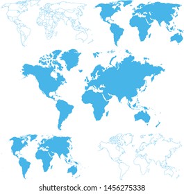 set of blue world maps on white background