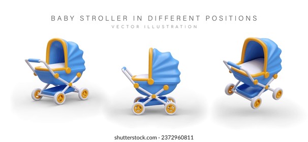 Set of blue and yellow baby carriages in different positions. Cute illustrations in cartoon style. Accessory for safe and comfortable transportation of child. Isolated images