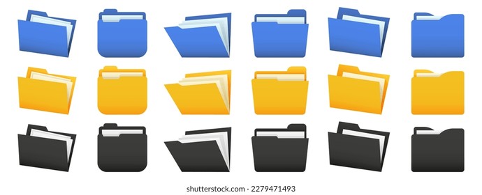 Set of blue, yellow, black file folder. Office folder collection