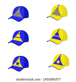 set of blue and yellow caps with different prints isolated on white background
