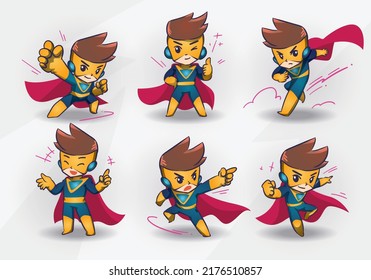 Set Of Blue Yellow Chibi Cartoon Superhero Mascot