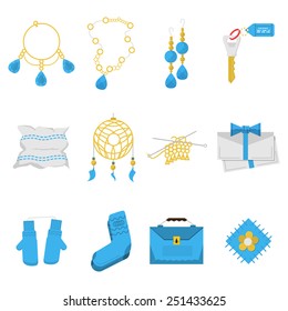 Set of blue and yellow color flat vector icons for handmade items and gifts on white  background.