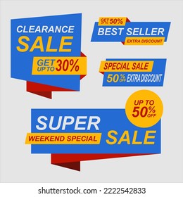 Set of  blue yellow colored stickers and banners. Geometric shapes and confetti. Big set of beautiful discount and promotion banners. Advertising element. Sale banner tag. Vector illustration