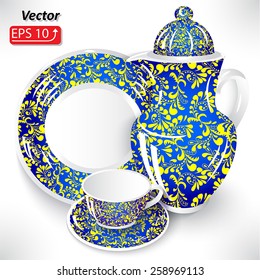 set blue yellow floral pattern dishes of coffee chocolate tea, cup, pitcher, coffee pot, plate isolated on white background icon vector illustration