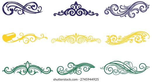 Set of blue, yellow, and green decorative vintage swirl flourishes eps 10