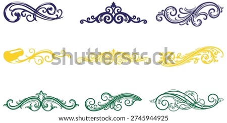Set of blue, yellow, and green decorative vintage swirl flourishes eps 10