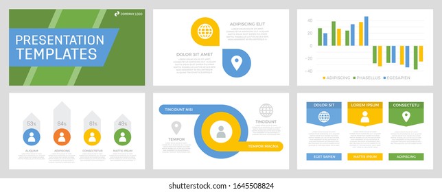 Set of blue, yellow and green elements for multipurpose presentation template slides with graphs and charts.