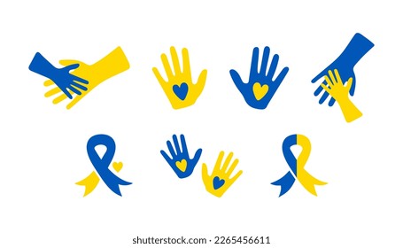 Set of blue yellow helping hand with heart, ribbon icons. World Down Syndrome Day. Vector elements isolated on white background. Awareness ribbons for Down Syndrome. Ukrainian colors, help Ukraine. 