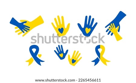 Set of blue yellow helping hand with heart, ribbon icons. World Down Syndrome Day. Vector elements isolated on white background. Awareness ribbons for Down Syndrome. Ukrainian colors, help Ukraine. 