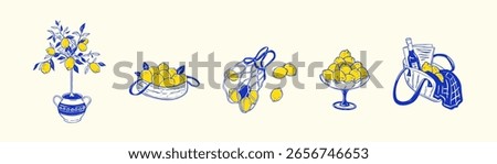 Set of blue and yellow lemon poster designs. Hand drawn doodle vector illustration. Summer Italian vacations. Mediterranean Sea Amalfi beach vacations. Dolce Vita coquette stile. Vintage retro print