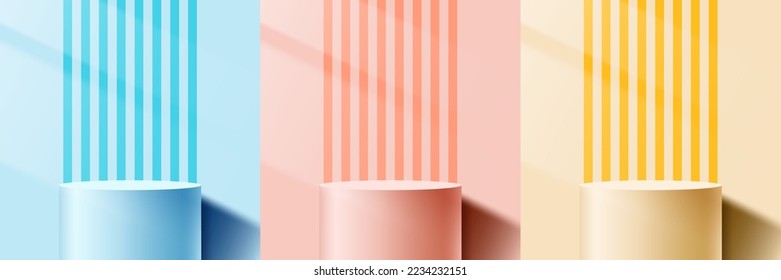 Set of blue, yellow and orange pastels color 3D cylinder podium pedestal decoration lines panel pattern with lighting of window on minimal wall scene background. Product display for cosmetic, showroom