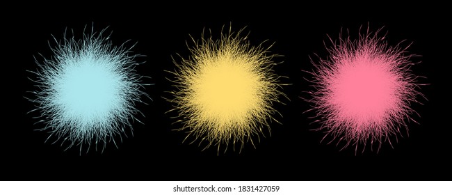 Conjunto de pompones azules, amarillos y rosas. Pompones esponjosos aislados. Ilustración vectorial 3D.