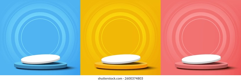 Set of Blue, Yellow, Pink, scene background with 3d stage tilted podium, minimal style. Pedestal with for product display, advertising on pastel color backdrop. Vector illustration.