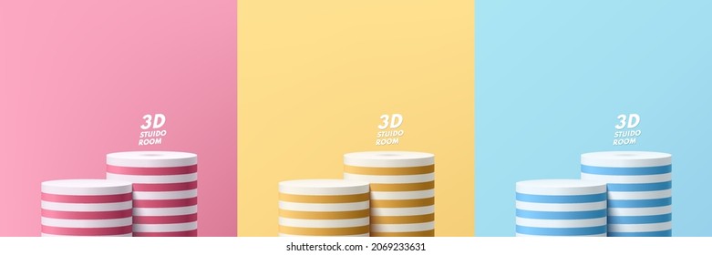 Set of Blue, yellow, pink and white cylinder stand podium in multicolored style. Vector abstract studio room with 3D geometric platform design. Minimal scene for products showcase, Promotion display.