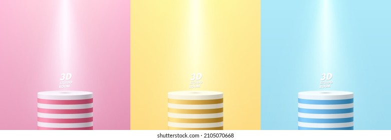 Set of Blue, yellow, pink and white cylinder stand podium in multicolored style. Vector abstract studio room with 3D geometric platform design. Minimal scene for products showcase, Promotion display.