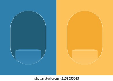 Set of blue and yellow realistic podium on the abstract background