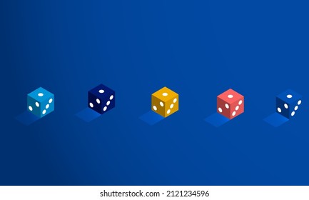 A set of blue, yellow, red dice on a dark blue background. Vector stock isometric 3d illustration.