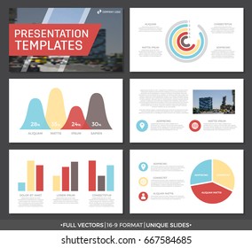 Set of blue, yellow and red elements for multipurpose presentation template slides with graphs and charts. Leaflet, corporate report, marketing, advertising,  book cover design.