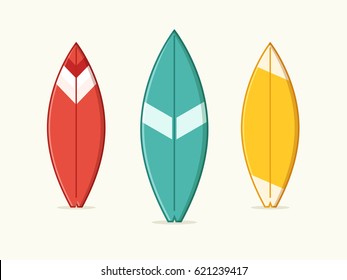 Set of Blue, Yellow and Red Surfboard. Flat Design Style.
