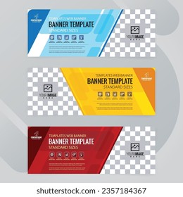 Set of Blue with yellow and red Web banners templates, Coverpage Standard sizes with space. Vector illustration