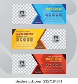Set of Blue with yellow and red Web banners templates, Coverpage Standard sizes with space. Vector illustration