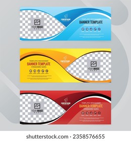 Conjunto de azul con plantillas de banners Web amarillos y rojos, tamaños estándar de cobertura con espacio. Ilustración del vector