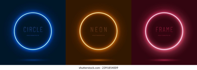 Set of blue, yellow, red-pink illuminate frame design. Abstract cosmic vibrant color circle backdrop. Collection of glowing neon lighting on dark background with copy space. Top view futuristic style.