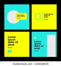 Set Of Blue And Yellow Social Media Post Vector Template With Image Space And Quotation. Quote Social Media Template. 