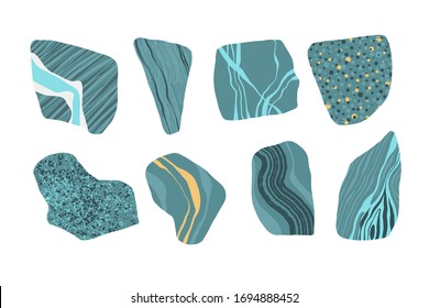 Set of blue and yellow stones. Natural shapes and marbled textures. Design elements for compositions, backgrounds, patterns.