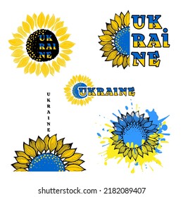 Set with blue and yellow sunflower flower hand-drawn as doodle and text Ukraine for merch or sticker